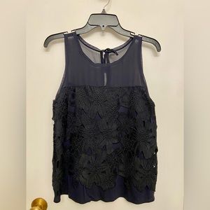 Ann Taylor black sleeveless top, size small, flowered lace pattern
